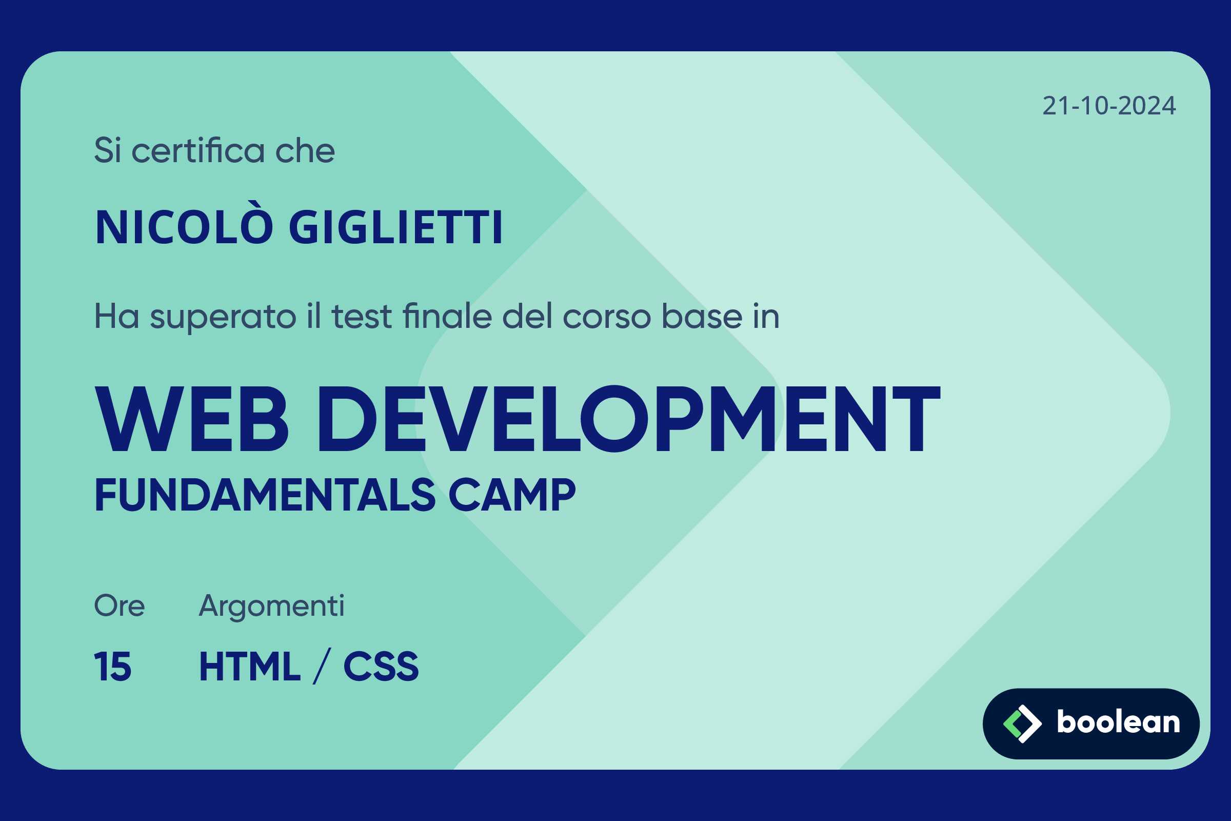 Attestato del completamento del Fundamentals Camp di Boolean