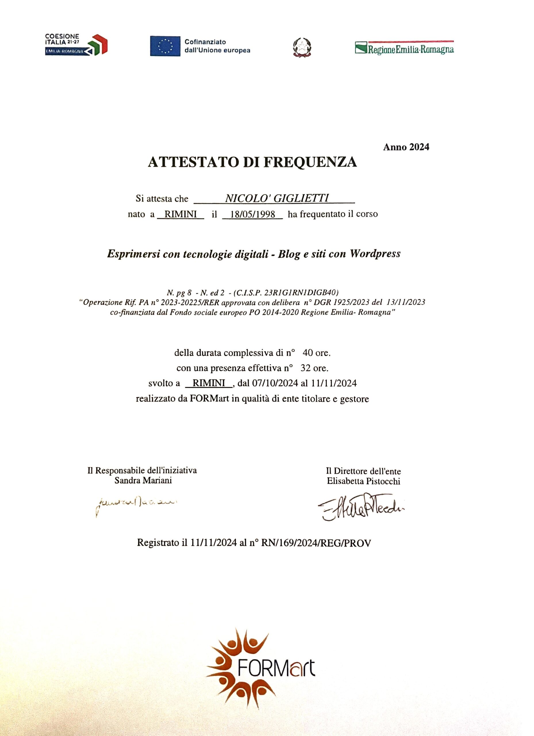 Certificato di presenza al corso formativo "Blog e siti con wordpress"